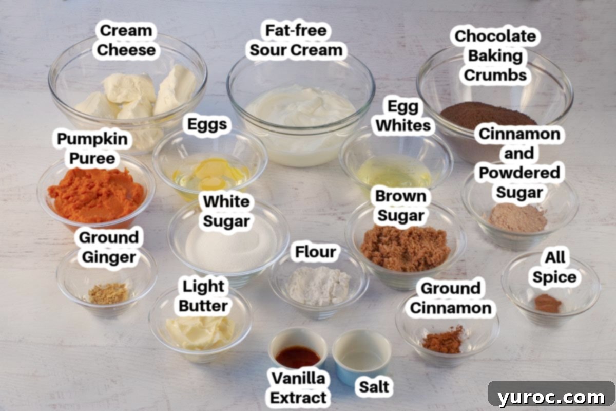 Light Pumpkin Oreo Cheesecake 2 A flat lay image of various ingredients for light pumpkin cheesecake arranged in glass bowls.
