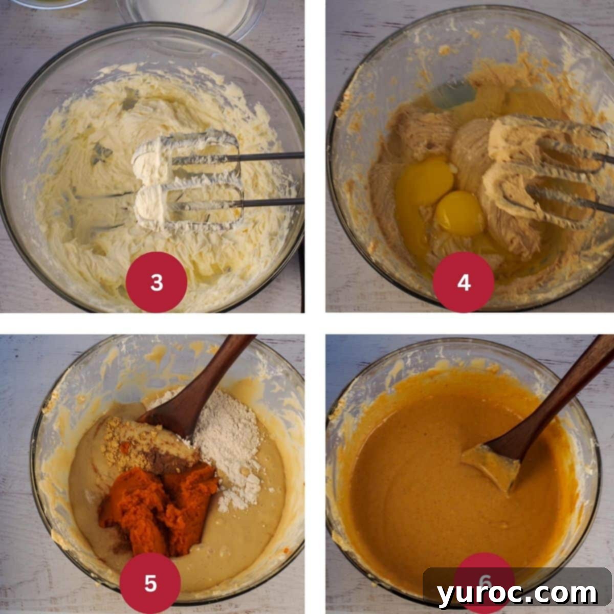 Light Pumpkin Oreo Cheesecake 4 A four-photo collage illustrating the steps for preparing the creamy pumpkin cheesecake filling.