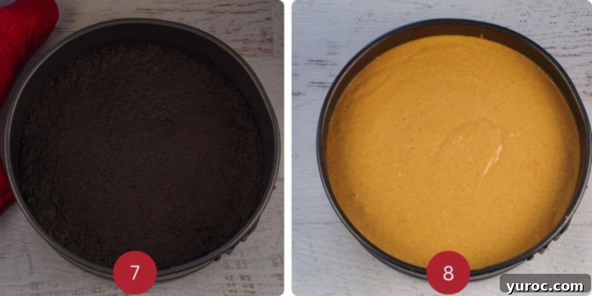 Light Pumpkin Oreo Cheesecake 5 A two-photo collage showing the cooled crust and the filling being poured into it.