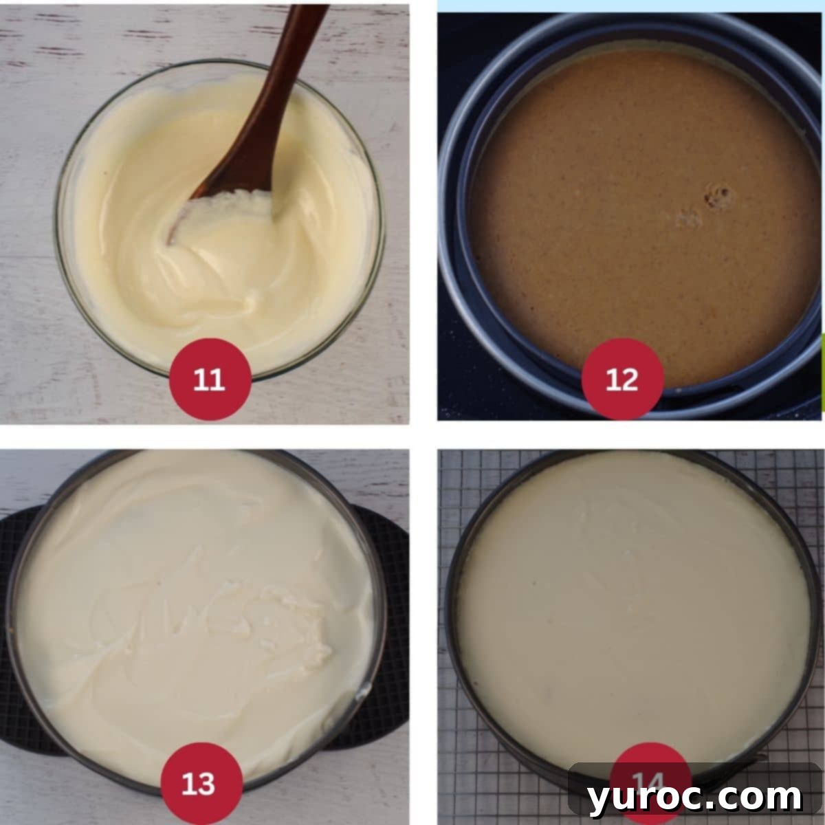 Light Pumpkin Oreo Cheesecake 7 A four-photo collage showing the preparation and application of the cheesecake topping, and initial cooling.