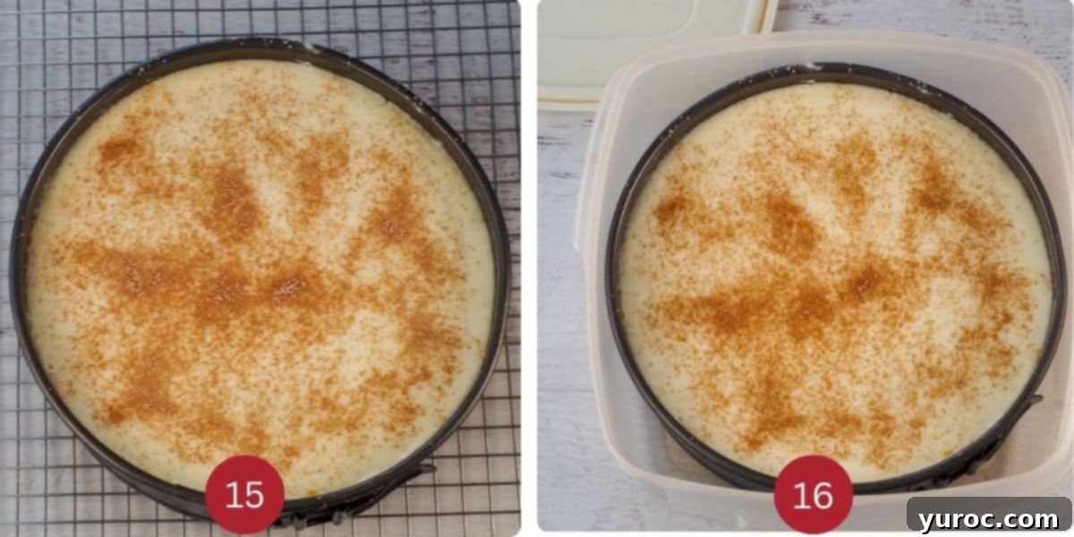 Light Pumpkin Oreo Cheesecake 8 A two-photo collage showing the sprinkling of cinnamon sugar and the cheesecake being prepared for refrigeration.