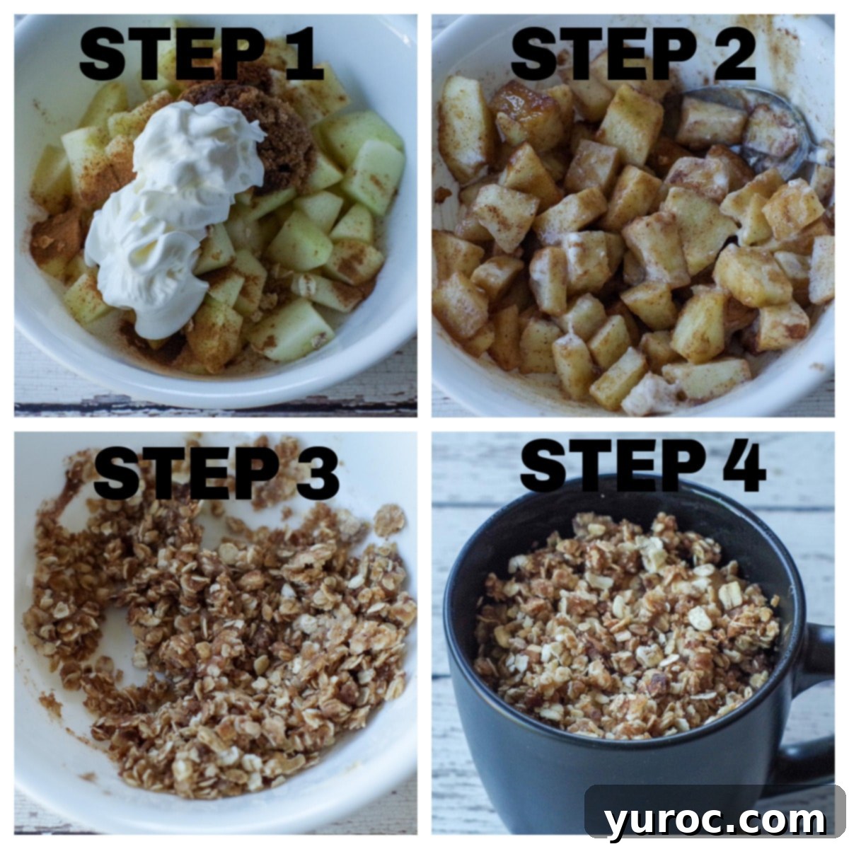 collage of 4 steps of making apple crisp in a mug