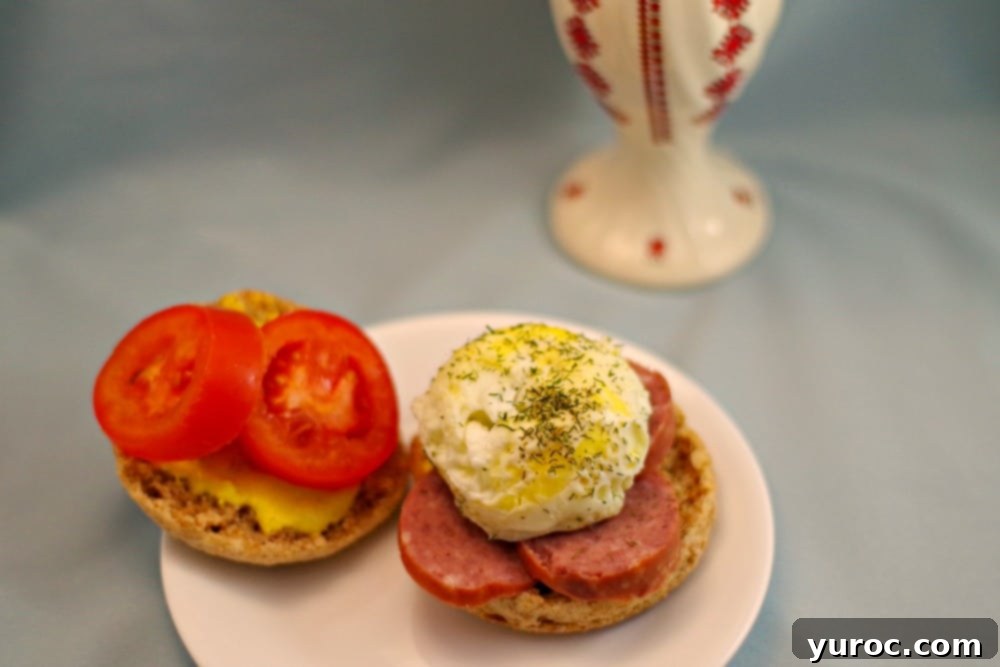 Hearty Ukrainian Breakfast Sandwich 5 Ukrainian breakfast sandwich, open-faced, on a white plate with a Ukrainian patterned vase in the background