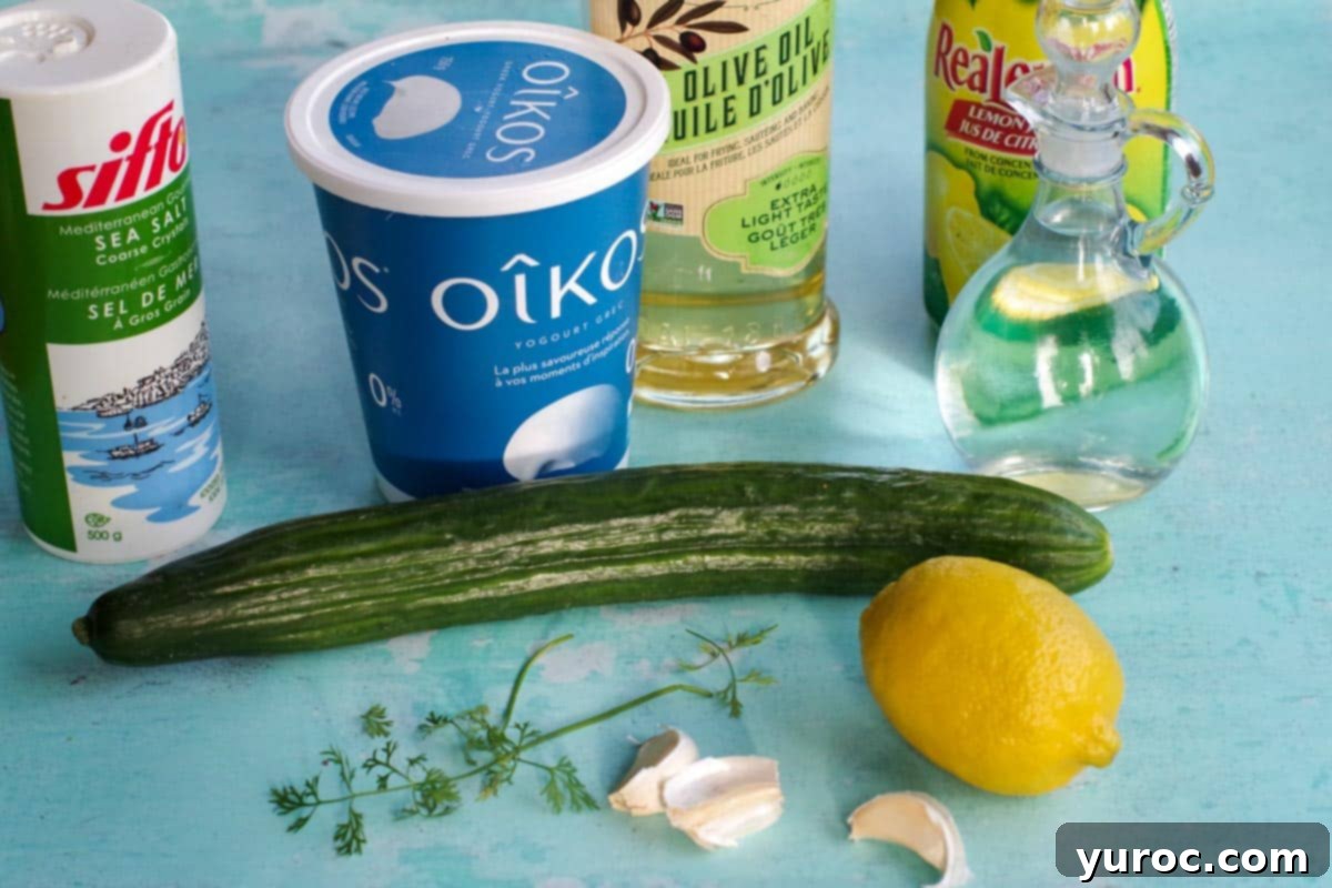 dill, garlic, lemon, lemon juice, vinegar, salt, oil and greek yogurt on aqua blue surface