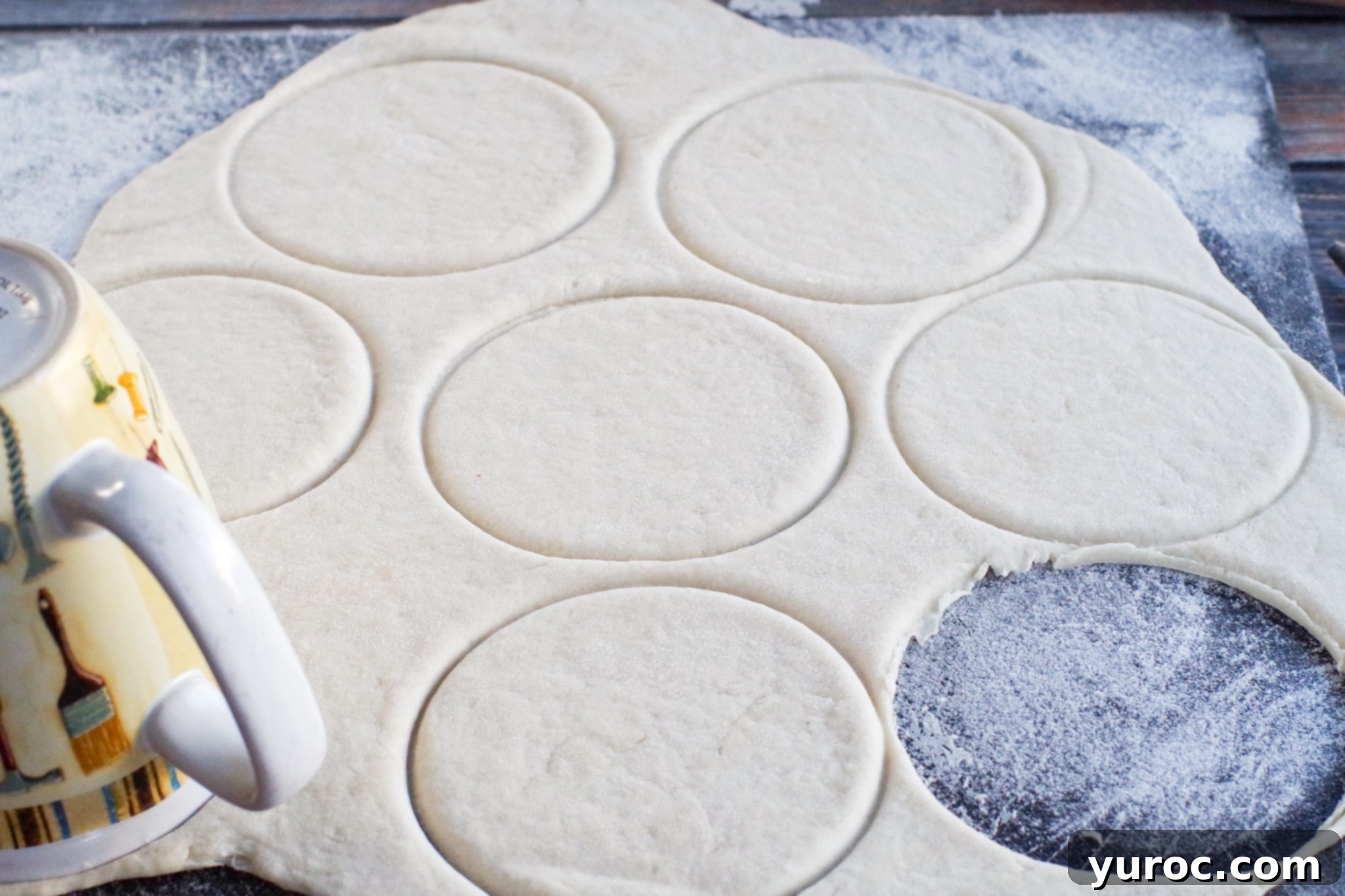 Circular pieces of pizza dough cut out and ready to be placed into a muffin tin