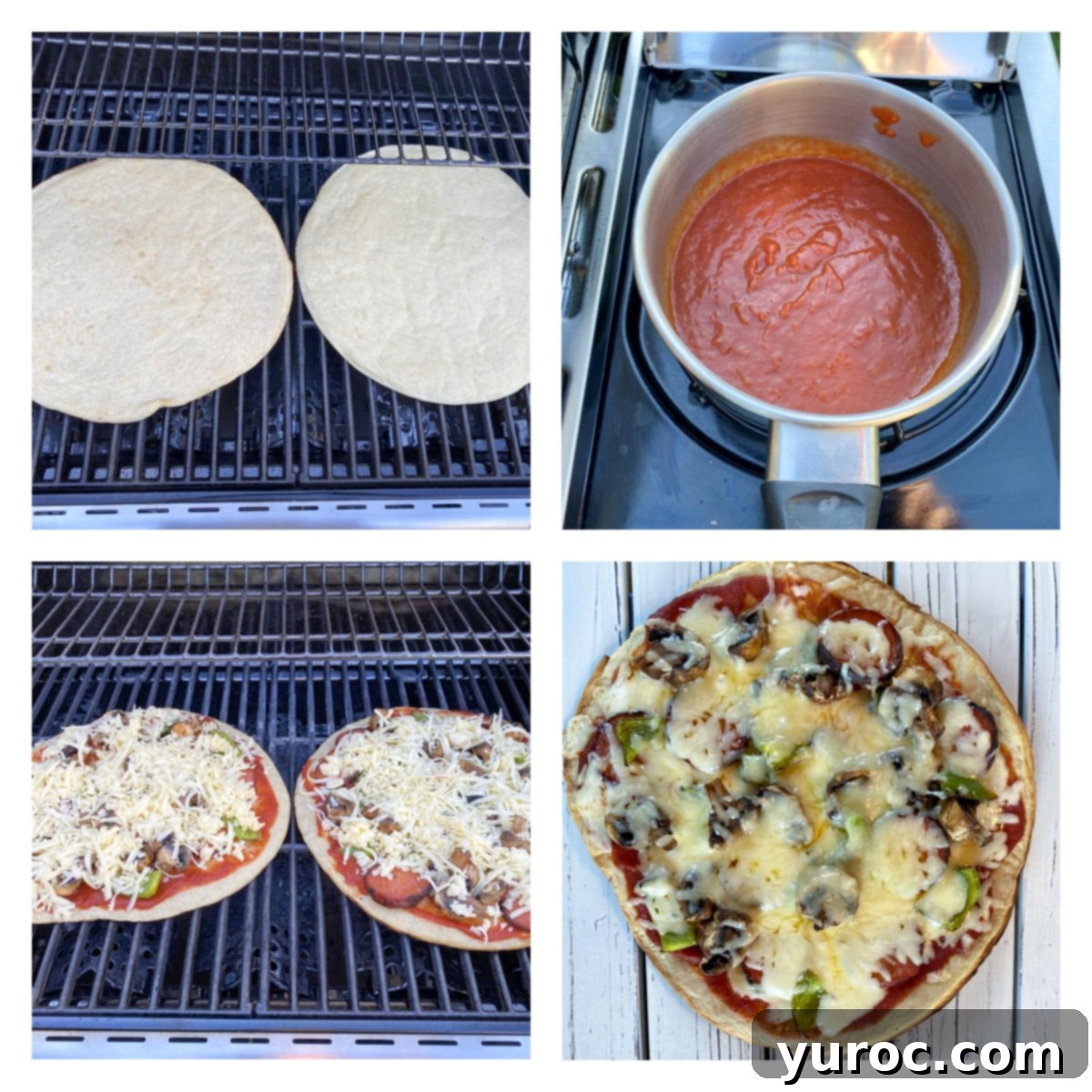 4 photo collage showing how to make pizza on the grill