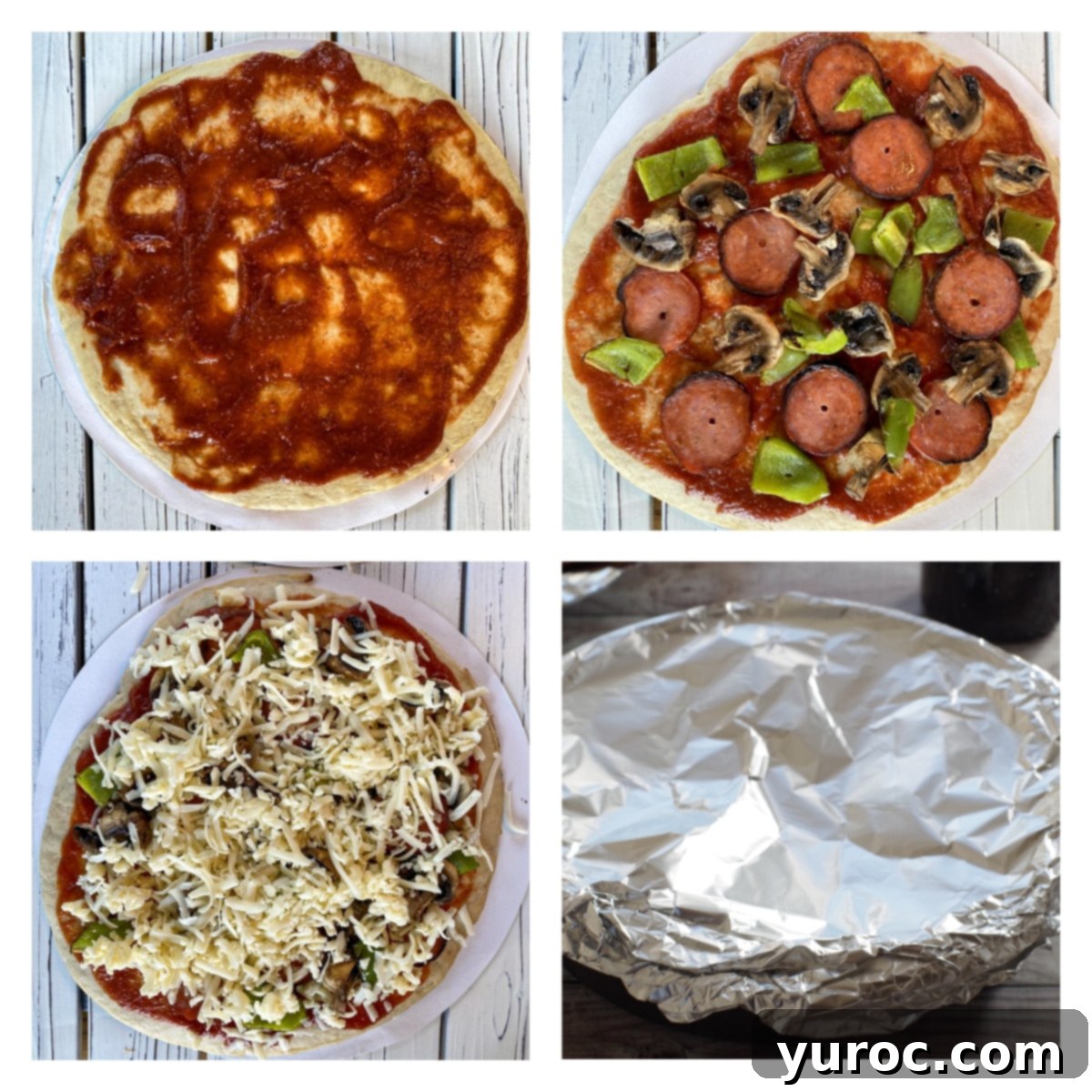 4 photos showing how to make a cast iron pizza oven