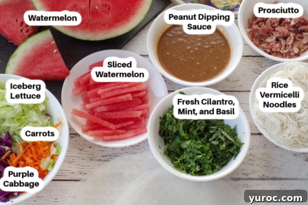Ingredients in Vietnamese Salad Rolls with peanut dippng sauce in white bowls, labelled.