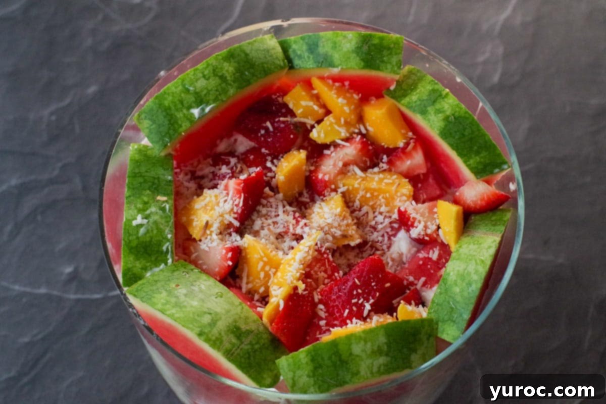 Refreshing Watermelon Granola Parfait 14 second layer of fruit added to watermelon granola trifle