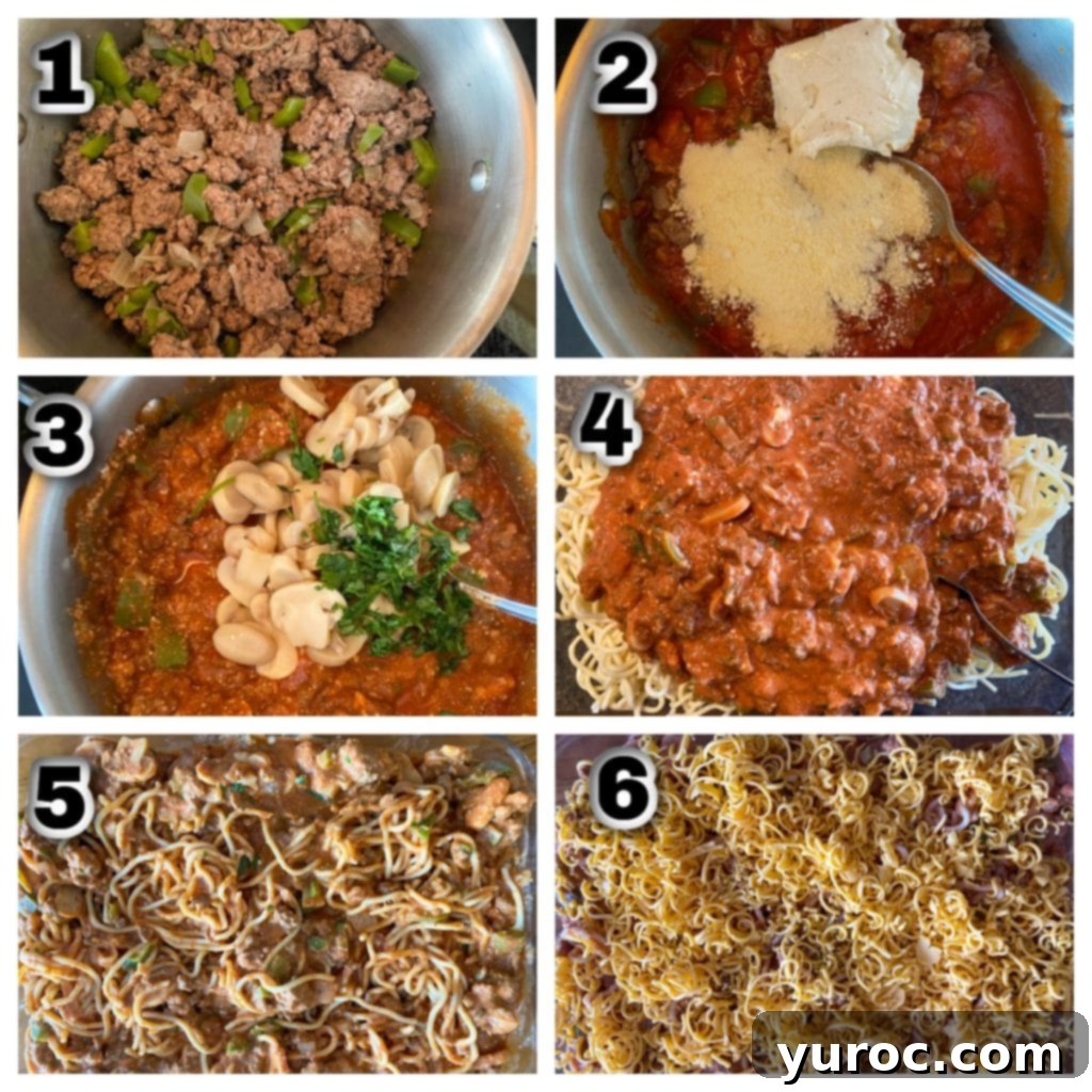A collage of 6 photos illustrating the step-by-step process of making Healthy Million Dollar Spaghetti Casserole.