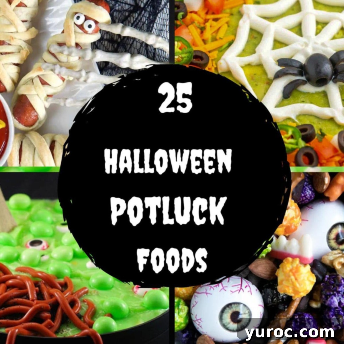 collage of 4 photos of Halloween potluck foods with white text on black background in the middle