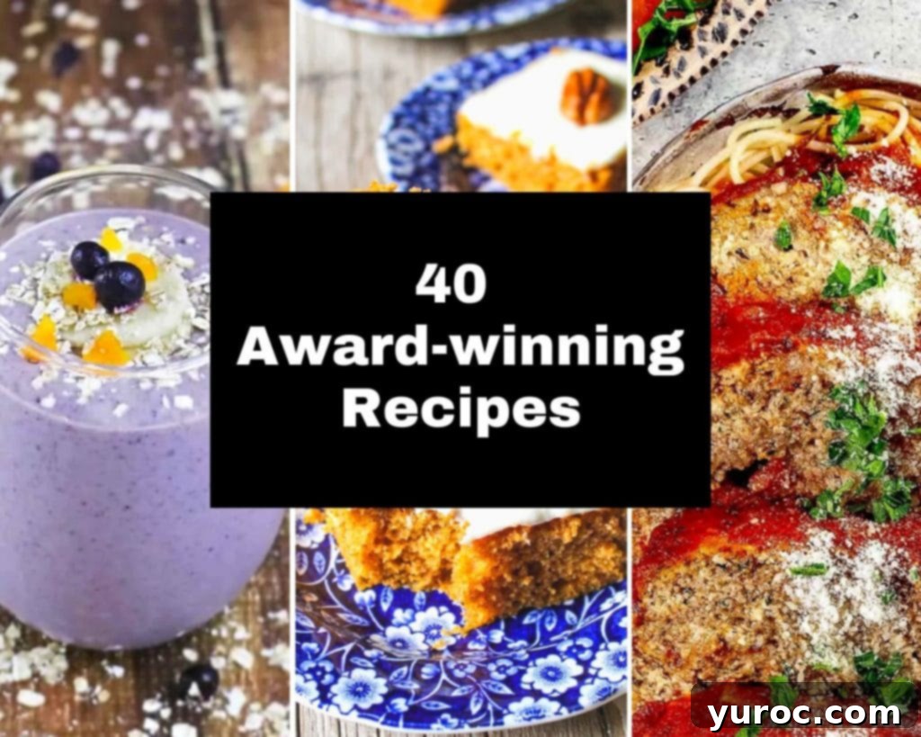 A collage of three award-winning recipes, centered with white text on a black background highlighting the collection.