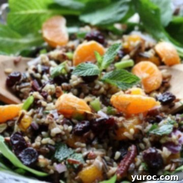 Mandarin wild rice salad in a bowl with a green background.