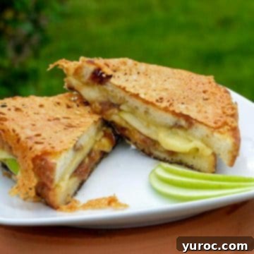 Irish Apple Pie Twice Grilled Cheese on a white plate with a green background.