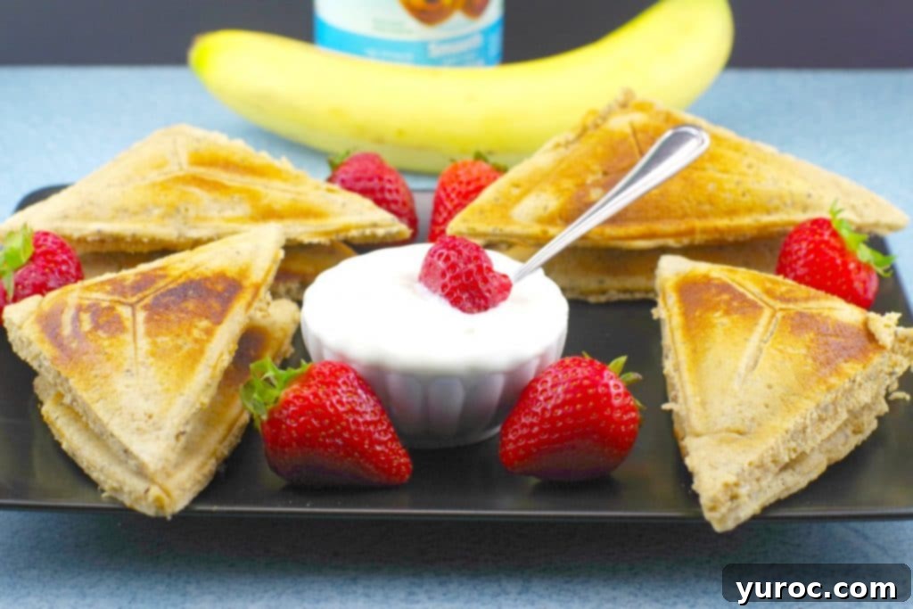 PB&J Pancake Breakfast Sandwich with fruit, yogurt and jam - foodmeanderings.com