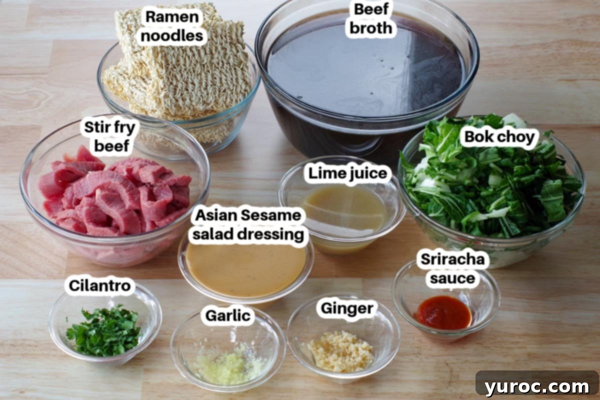Ingredients in Asian Sesame beef noodle soup in glass bowls, labelled