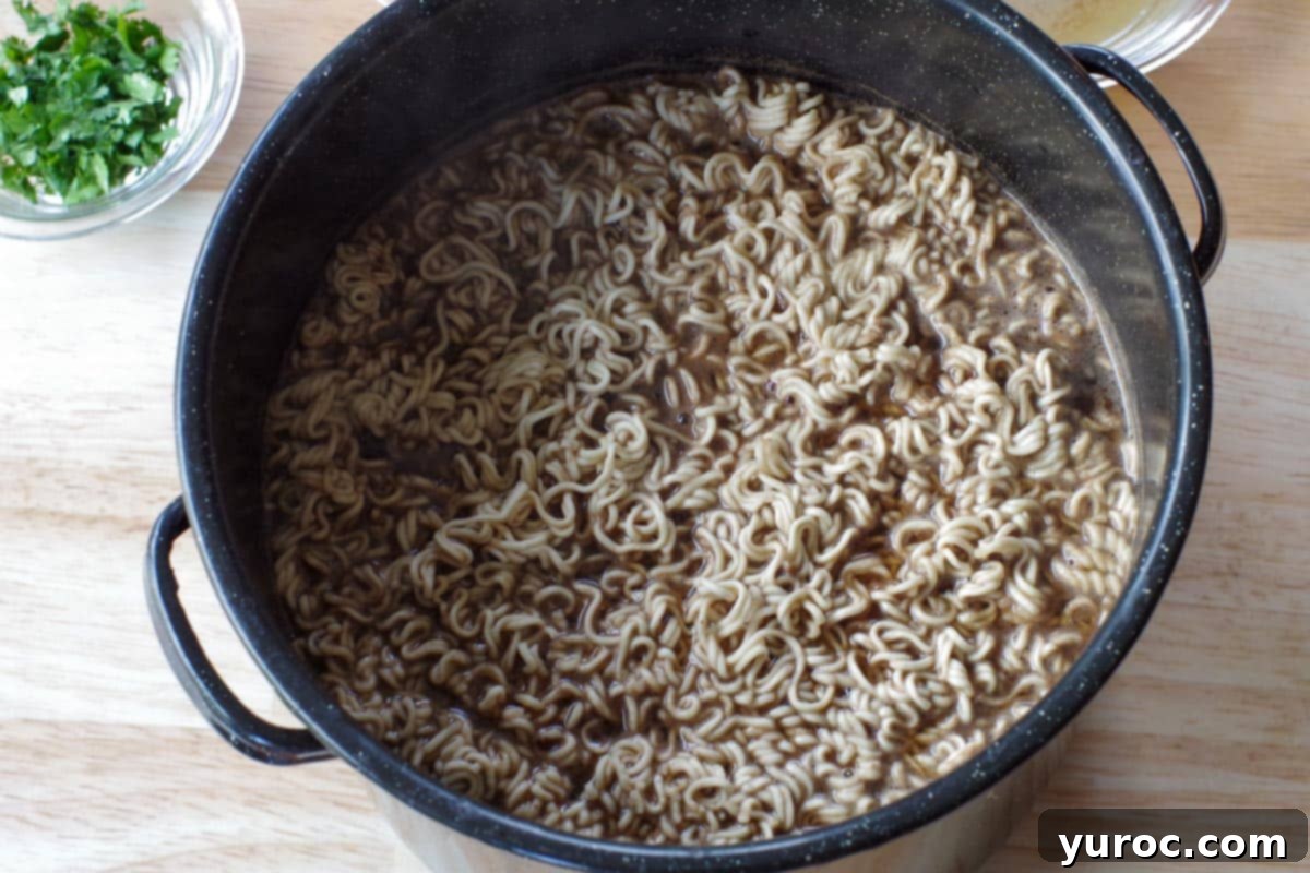 ramen noodles added to the pot with broth and beef